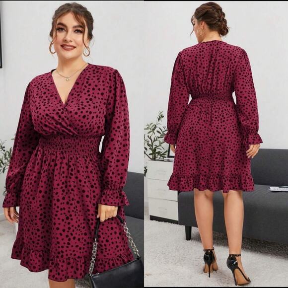 SHEIN • Burgundy Curve Plus Dalmatian Print Flare Sleeve Ruffle Hem Dress - Picture 1 of 7
